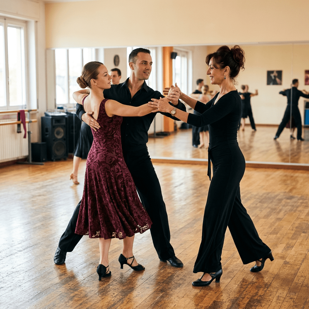 Immagine attuale: Couple learning ballroom dance steps with female instructor in studio